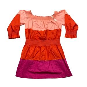 St. John Women Peach Orange Pink Colorblock Smocked Off Shoulder Cotton Top 6